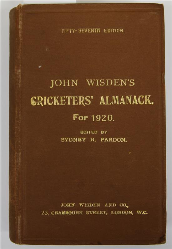 A Wisden Cricketers Almanack for 1920, with original brown hardback binding and gilt lettering